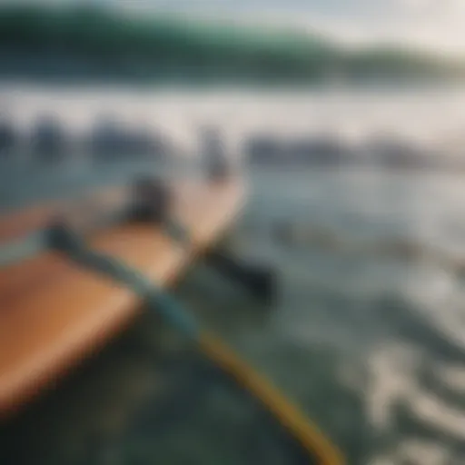 Surf leash attached to a board in the ocean