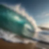 A breathtaking wave crashing against the shore