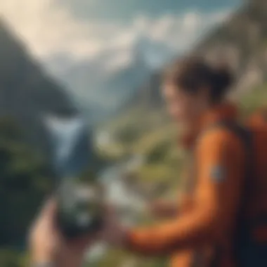 Stunning mountain landscape with a hiker using a navigation app