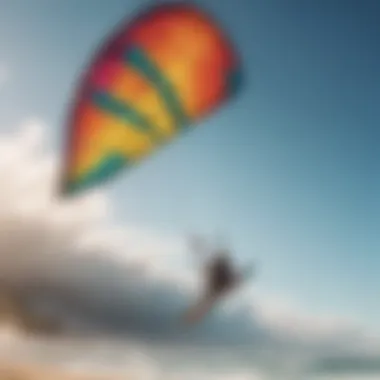 Close-up of a colorful kitesurfing kite soaring in the sky