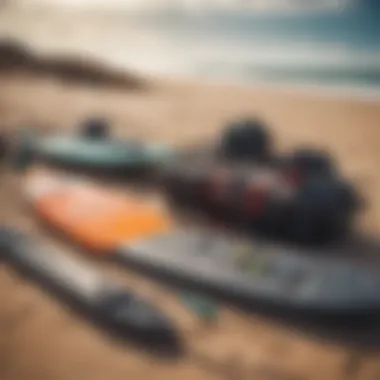 Comprehensive kitesurfing kit displayed on a sandy beach