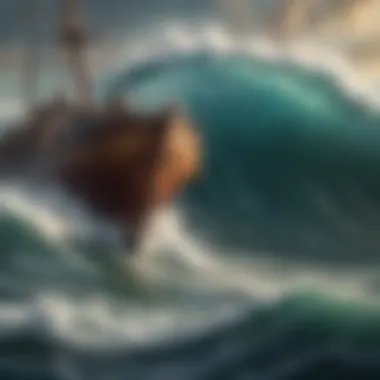 A historic painting illustrating waves as a backdrop to ships navigating tumultuous seas.