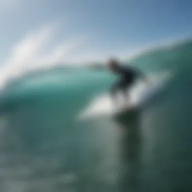 An adult surfer riding a wave with a bodyboard, demonstrating performance in action