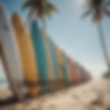 Surfboards lined up on the beach ready for lessons