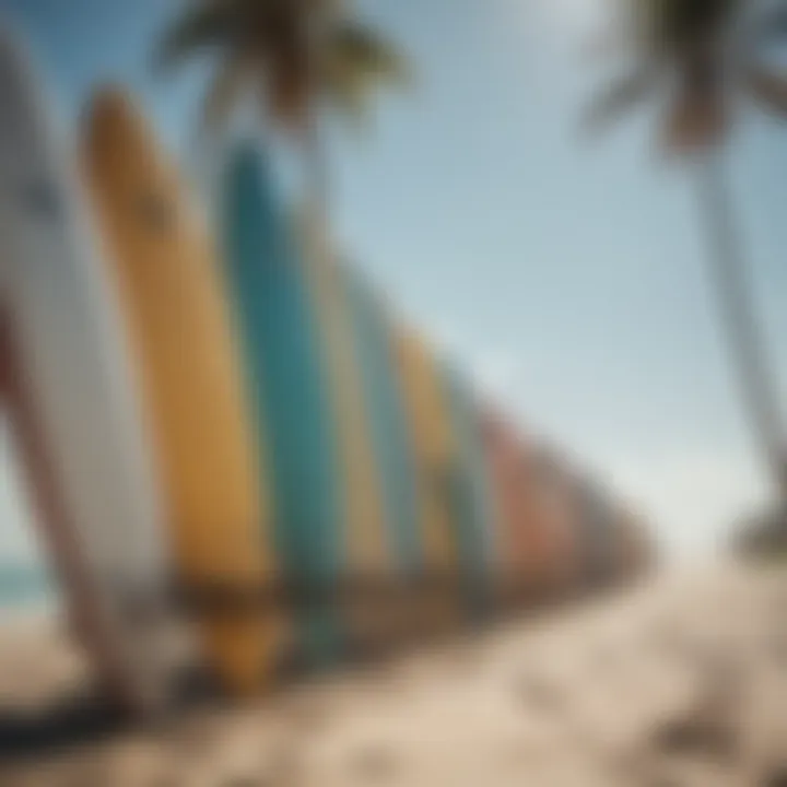 Surfboards lined up on the beach ready for lessons