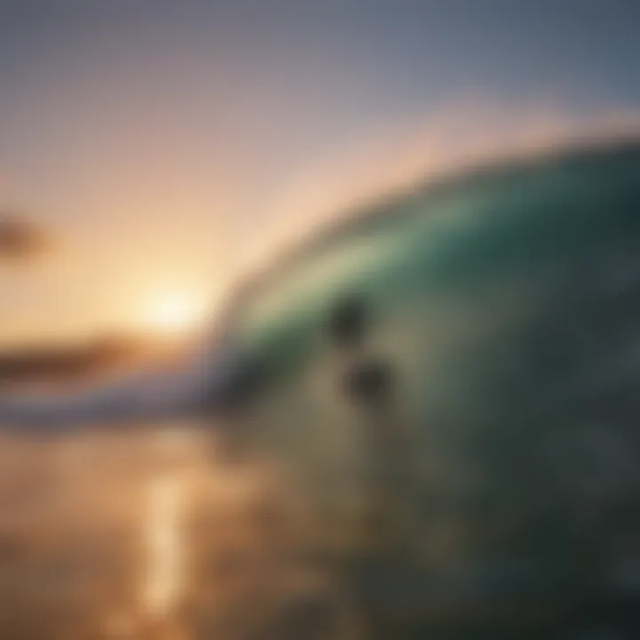 Surfers catching waves during sunset