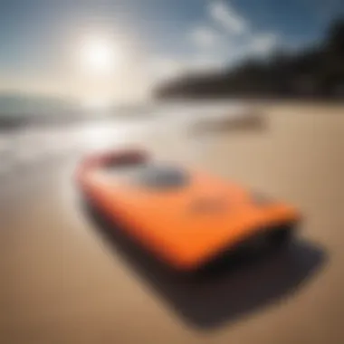 A sleek bodyboard on the beach showcasing its design.