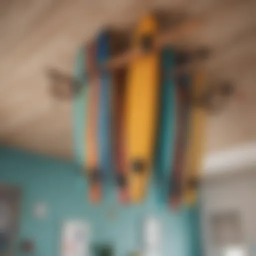 Stylish ceiling mounted surfboard rack showcasing different surfboard designs.