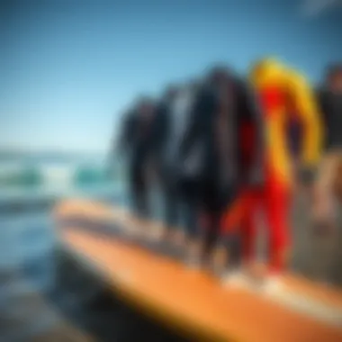 Wetsuit Comparison: Fit and Style Diverse range of wetsuits displayed on a surfboard for comparison of fit and style