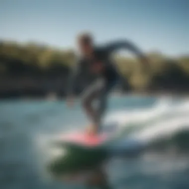 An action shot of a surfer riding a hydrofoil surfboard above the water's surface