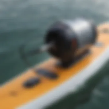 Close-up view of the electric motor integrated into a paddle board