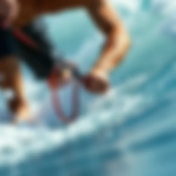 Surfer using the FCS leash while riding a wave, demonstrating its functionality in action.