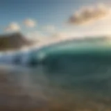 A breathtaking view of surfers riding the waves on a Hawaiian beach.