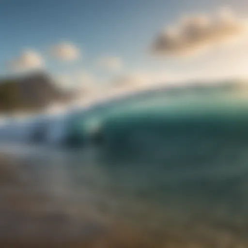 A breathtaking view of surfers riding the waves on a Hawaiian beach.