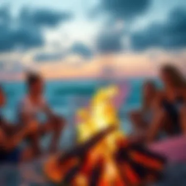 Beach Bonfire and Friendship A vibrant outdoor scene with friends enjoying a beach bonfire, representing camaraderie in surf culture