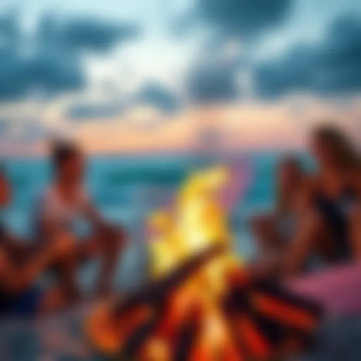 Beach Bonfire and Friendship A vibrant outdoor scene with friends enjoying a beach bonfire, representing camaraderie in surf culture