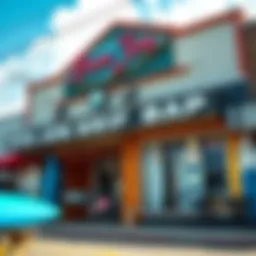 The iconic exterior of Ron Jon Surf Shop showcasing surfboards and beach gear