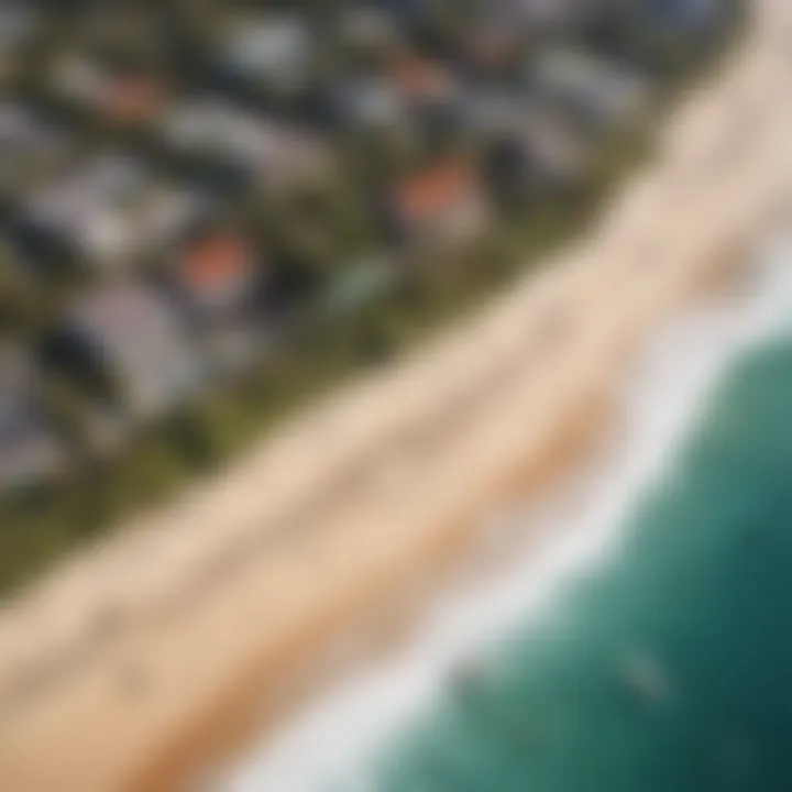 An aerial view of a coastal beach with surfers and musicians