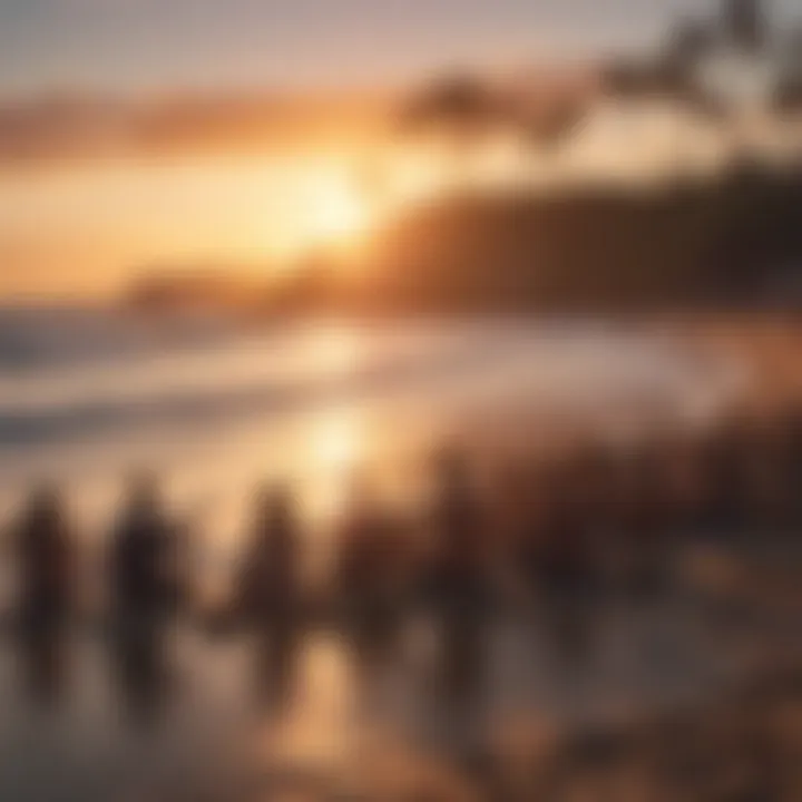 Surf enthusiasts enjoying a sunset concert by the beach