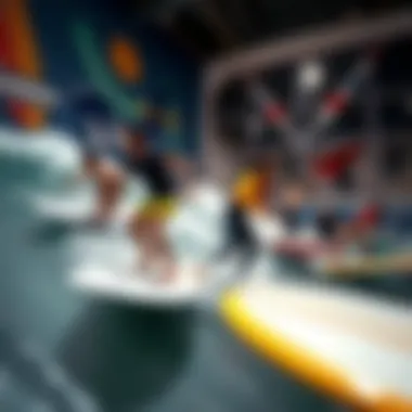 Indoor surfing scene showcasing diverse surfers in action