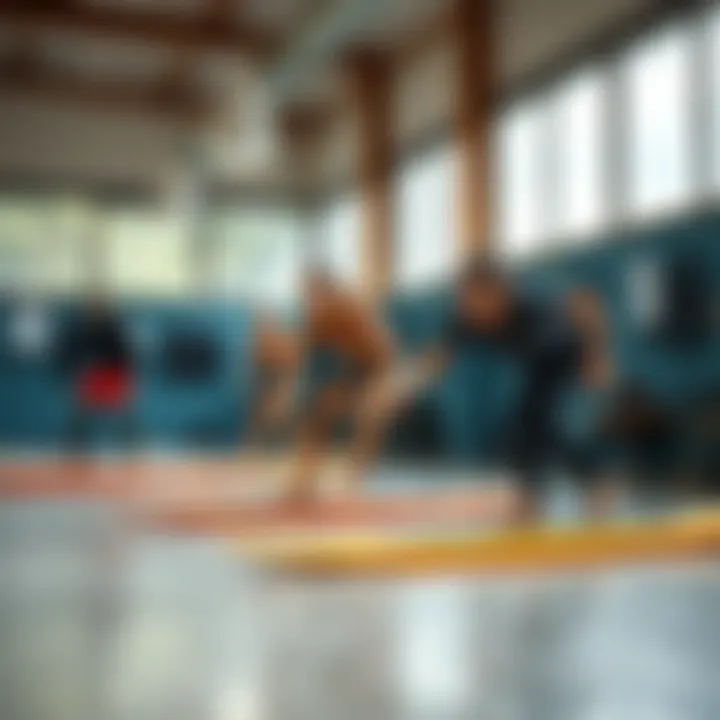 Surfers practicing techniques on surfboards in a controlled environment