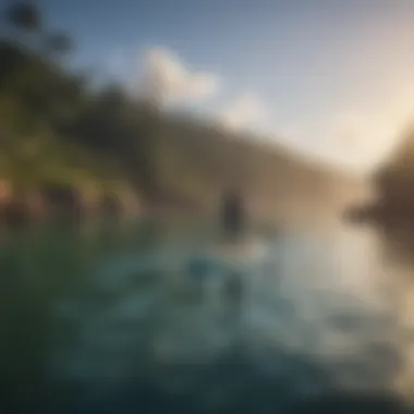 Paddle boarder practicing advanced techniques in a serene bay, surrounded by picturesque scenery