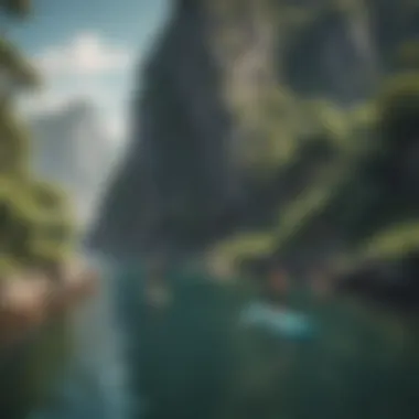 Nature's Canvas: Diverse Paddle Boarding Adventures Diverse group of paddle boarders exploring a lush, green island with rocky outcrops and wildlife