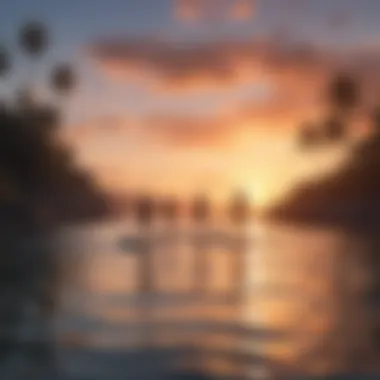 Sunset Serenity: Paddle Boarding at Island Shores Scenic view of a tranquil island coastline with paddle boarders silhouetted against the sunset