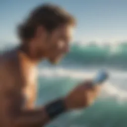 A surfer checking live water temperature on a smartphone