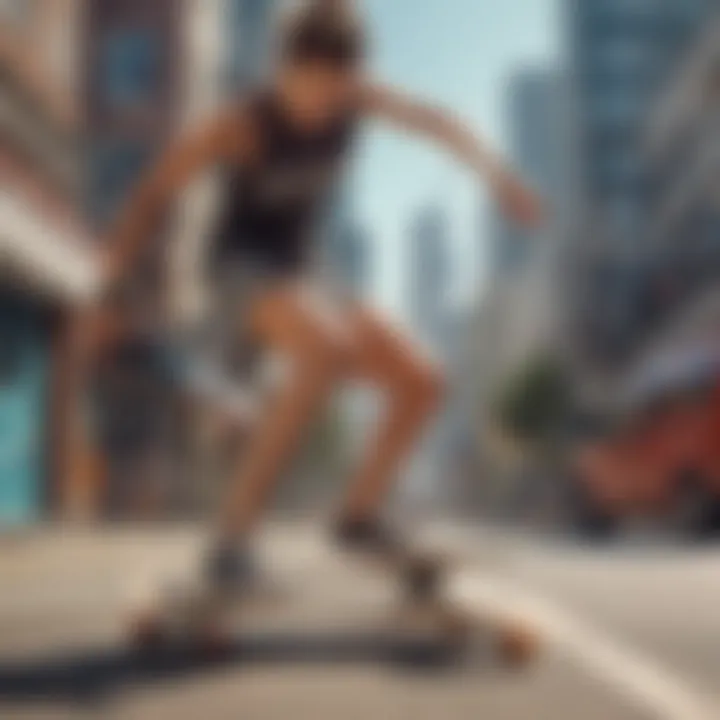 A longboard dancer performing tricks on a vibrant urban backdrop