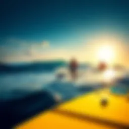 A vibrant ocean scene featuring inflatable paddle boards