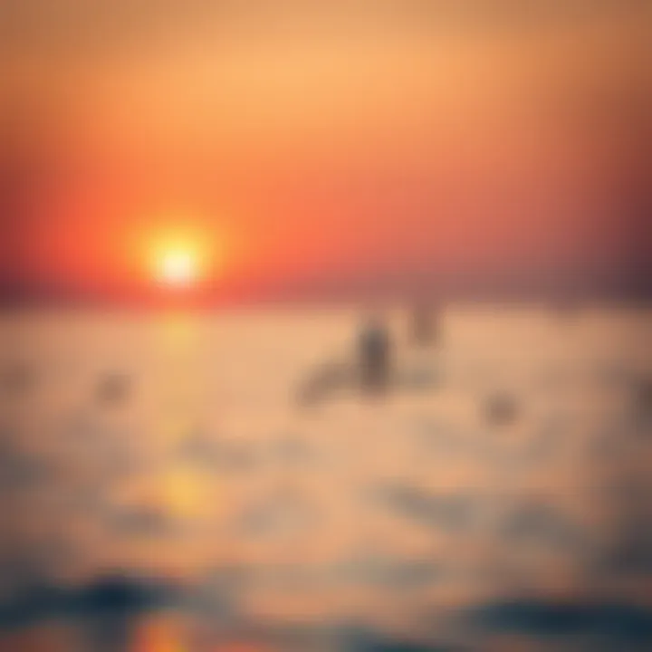 Tranquil Evening Paddle Boarding Adventure A serene sunset view with paddle boarders on calm waters