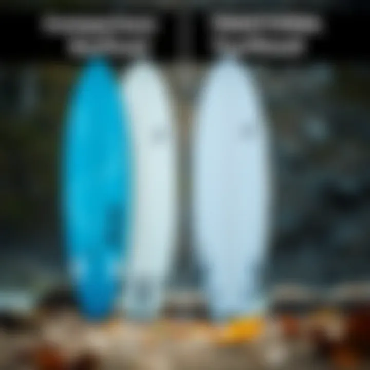 A side-by-side comparison of an Odysea foam surfboard and a traditional surfboard highlighting their differences.