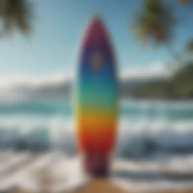 Surfboard with vibrant designs against ocean backdrop