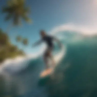 A surfer riding a powerful wave in a tropical setting