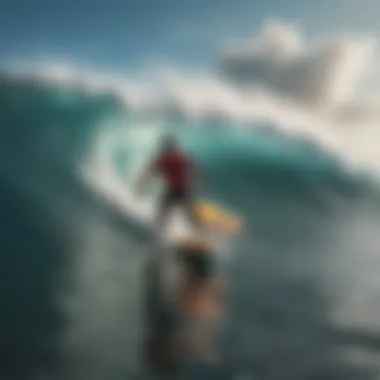 Surfers riding challenging waves in a dramatic coastal setting.