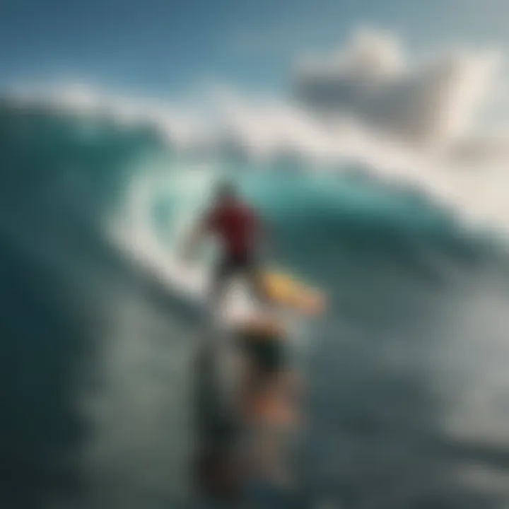 Surfers riding challenging waves in a dramatic coastal setting.