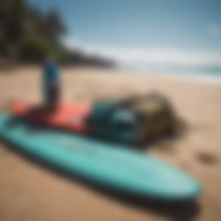 Surfboard gear laid out on the sandy beach ready for use