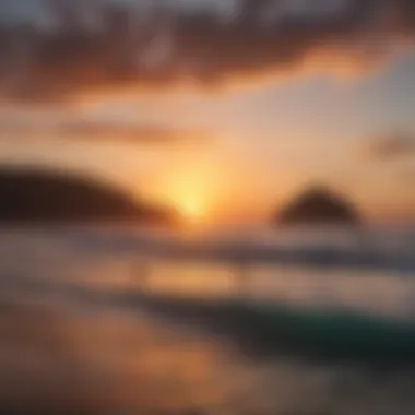 A vibrant sunset over the ocean with surfers silhouetted against the sky