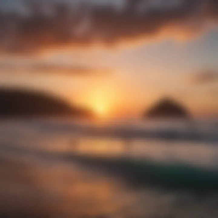 A vibrant sunset over the ocean with surfers silhouetted against the sky