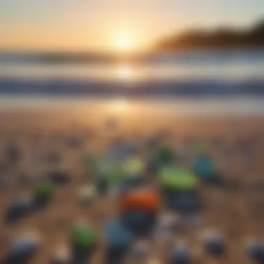 Sunset Serenity: A Coastal Sea Glass Paradise A serene coastal landscape featuring a picturesque sea glass beach at sunset.