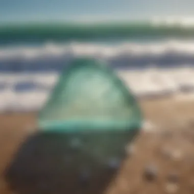 Nature's Sculptor: Waves Shaping Sea Glass A close-up view of the ocean waves gently washing over a sea glass beach.
