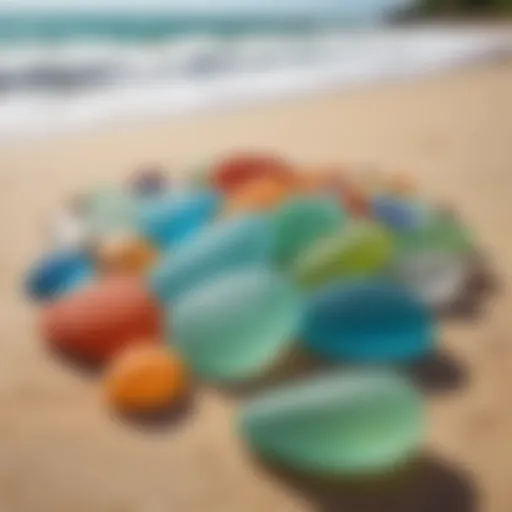 A vibrant collection of smooth, colorful sea glass pieces resting on a sandy beach.