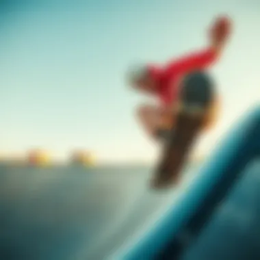 A close-up shot of a skater performing tricks on a half-pipe