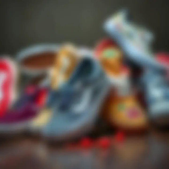 Various colorways of Vans skateboard shoes arranged artistically