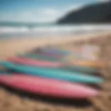 Skimboards displayed on a beach