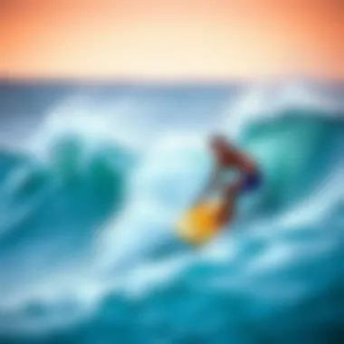 A surfer riding a wave on a soft top longboard