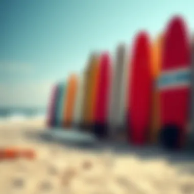 Surfboards lined up on the beach ready for surfing