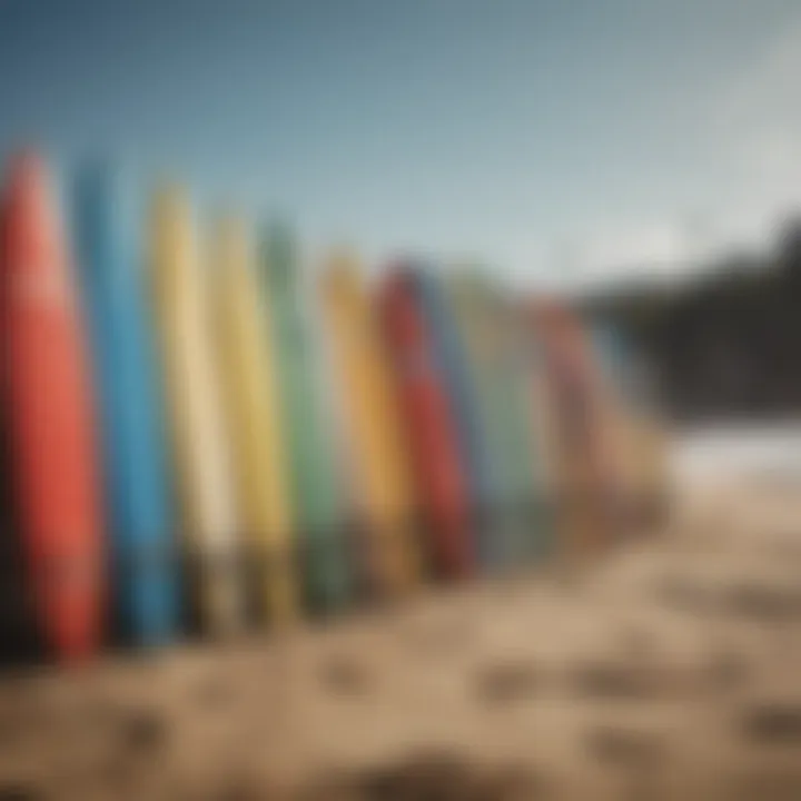 Surfboards lined up on the beach ready for action