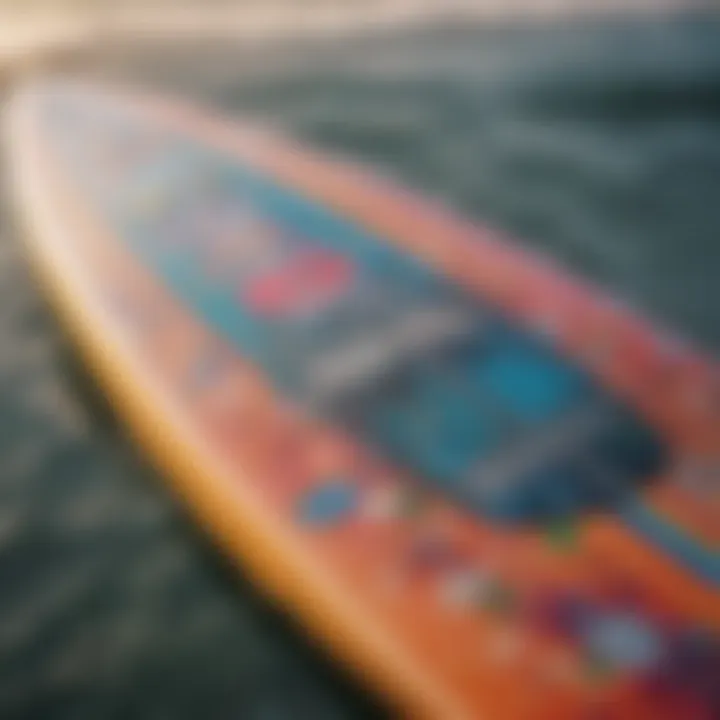 Vibrant surfboard decorated with colorful decals